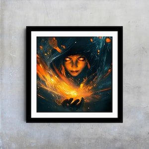 Fire Witch Wall Art, Fantasy Sorceress Poster, Dark Wizard Halloween Print, Enchanted Witch Illustration, Spooky Home Decor