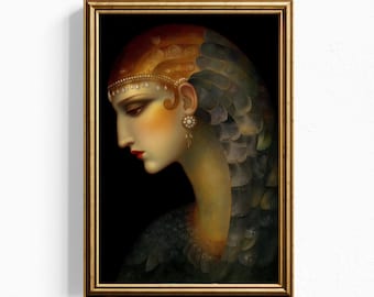 Lámina artística de la Diosa Emplumada - Retrato de fantasía oscura para pared