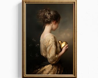 Arte mural romántico oscuro "Admirador secreto" / Lámina de mujer con corazón dorado / Retrato nocturno melancólico