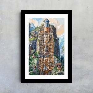 Sci-Fi Fantasy Cityscape Art Print – Futuristic Silo Giclée Illustration, Dystopian Wall Decor for Cyberpunk or Sci-Fi Interiors