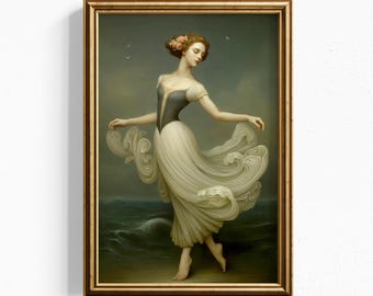 Lámina artística de mujer romántica: figura etérea con vestido fluido, obra de arte mural femenina, bailarina elegante