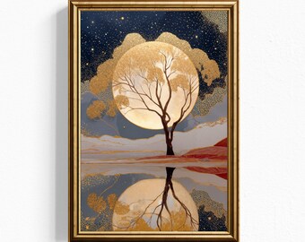 Cuadro decorativo con reflejo de árbol y luna llena, impresión giclée dorada de cielo nocturno celestial, decoración mística para el hogar con ambiente nocturno estrellado, regalo de inauguración de casa con un toque oscuro y melancólico