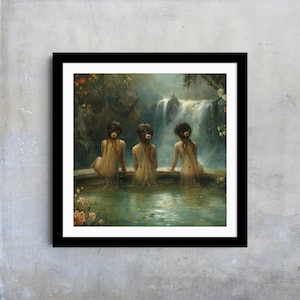 Enchanted Grotto with Nymphs Art Print – Waterfall Fantasy Giclée Wall Decor, Mythical Nature Scene for Cottagecore or Fae Interiors