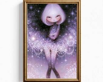 Cuadro decorativo Celestial Girl, impresión giclée de ojos grandes y melancólicos, decoración fantástica para el hogar con estrellas lavanda, regalo de ensueño para el dormitorio con un toque pop surrealista y desenfadado.