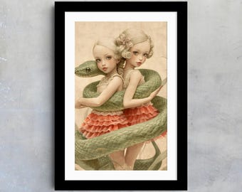 Whimsical Art Sisters and Snake, Vintage Pop Surreal Print, Fantasy Home Decor Poster, Unique Conversation Piece