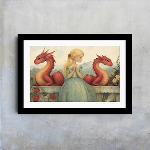 Dragon and Girl Fantasy Art Print, Fairytale Wall Art, Magical Creatures, Kids Room Decor, Whimsical Illustration, Mythical Artwork, Gift