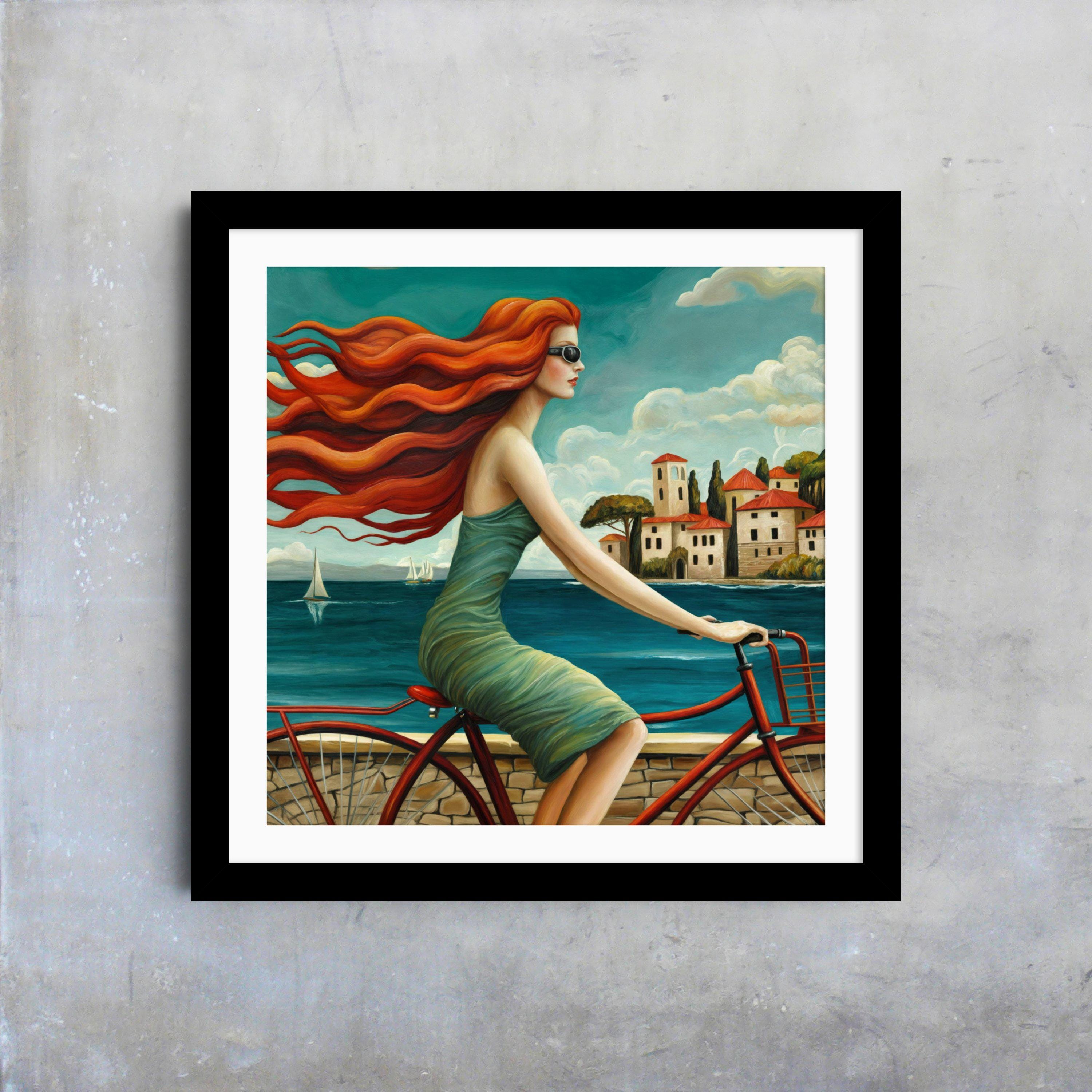 Redhead on Bicycle Art Print – Coastal Giclée Wall Art, Whimsical Seaside Woman Illustration for Beach House or Summer Decor