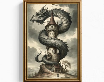 Lámina artística de la Torre del Dragón - Grabado decorativo de fantasía oscura para pared