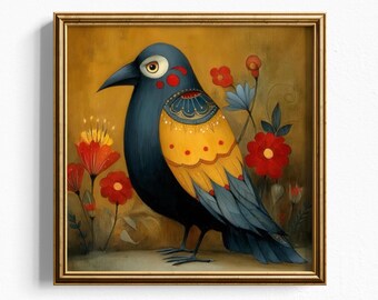 Folk Art Raven Print | Whimsical Floral Wall Decor