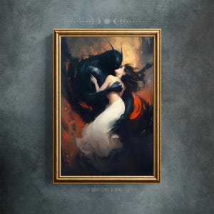 Dark Academia Fantasy Art Print – Shadow Demon & Maiden Wall Decor – Gothic Romantic Oil Painting for Moody Home or Bedroom
