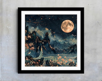 Chinese Moonlit Landscape Wall Art, Romantic Asian Decor, Night Scene Print, Oriental Art Poster