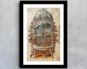 Steampunk Astronomy Wall Art, Fantasy Observatory Poster, Retro Science Fiction Print, Vintage Cosmic Decor, Gift for Astronomer Architect