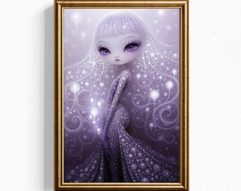 Arte mural de hadas moradas, impresión giclée de ojos grandes y caprichosos, decoración fantástica para el hogar con brillo lavanda, regalo mágico y onírico de surrealismo pop para la habitación de niñas