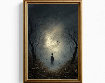 Lámina con figura solitaria en el bosque oscuro / Arte mural gótico con hojas de otoño