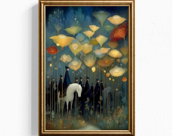 Lámina artística Jinete del Bosque Encantado – Arte mural mágico de fantasía azul y dorado