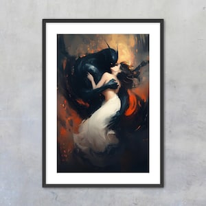 Dark Academia Fantasy Art Print – Shadow Demon & Maiden Wall Decor – Gothic Romantic Oil Painting for Moody Home or Bedroom