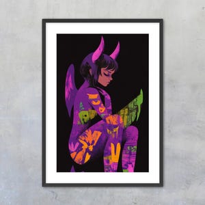Gothic Demon Girl Wall Art Print – Dark Fantasy Succubus Illustration, Horned Devil Woman Painting, Bold Halloween Home Decor
