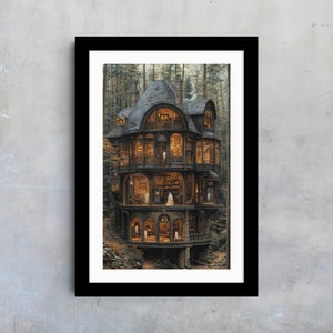 Spooky Haunted House Art Print – Gothic Giclée Wall Decor, Halloween-Inspired Dark Mansion Illustration for Haunted Home Vibes