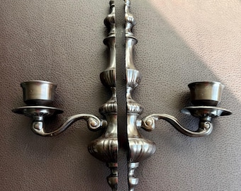Vintage Cast Iron Wall Sconces: Bronze-Brown Candlestick Holder Pair