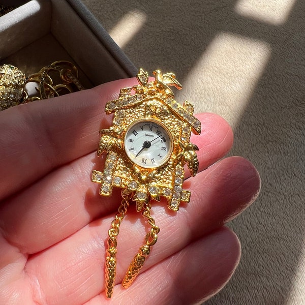 Golden tone crystals cuckoo clock Japan vintage brooch