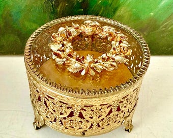 Hollywood Regency Vintage Round Gold plated Jewelry/ Trinket Box with Floral Decoration on the Lid