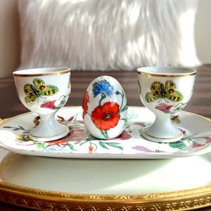 1980s Gucci Bernardaud Limoges Floral & Butterfly Print Porcelain Egg Cup and Salt Shaker Set, Made in France