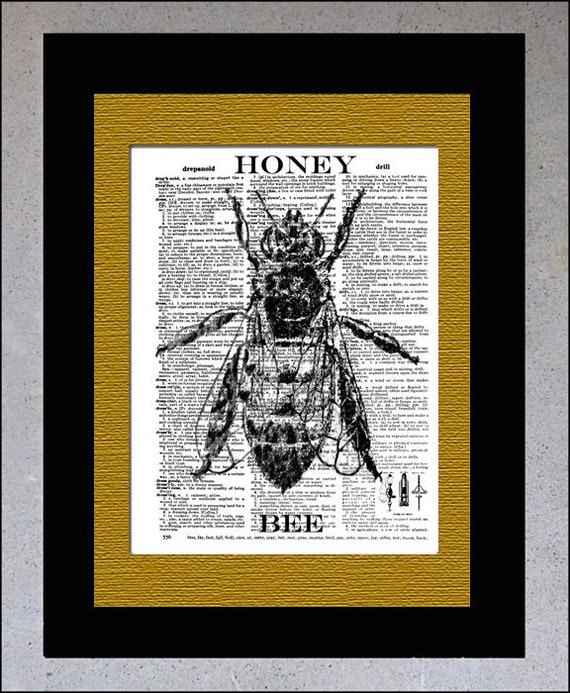 Items similar to Honey Bee on Vintage dictionary page art Print on Book