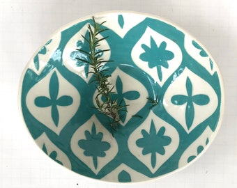 Aqua patterned oval serving bowl ready to ship