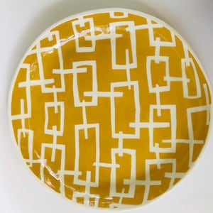 Turmeric Yellow Ceramic Round serving platter or tray Rectangular box pattern