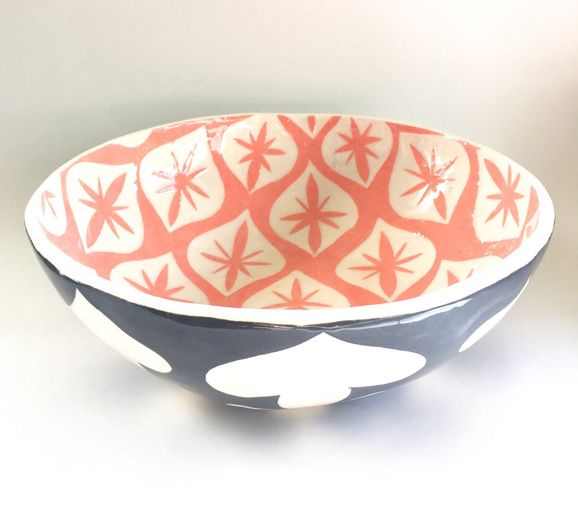 Ornate Grey and coral Serving Bowlhandmade ceramic bowl with Etsy