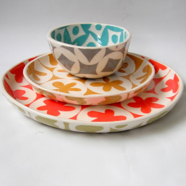 cereal bowl--turquoise and pale grey