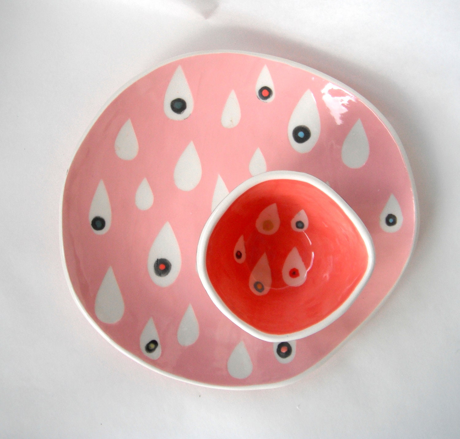 Assiette Pink Raindrops Plate - Assiette en Céramique Faite à La Main