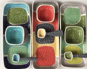 Salsa serving set /Color Block Ceramic serving tray set/ handmade ceramic carved and painted