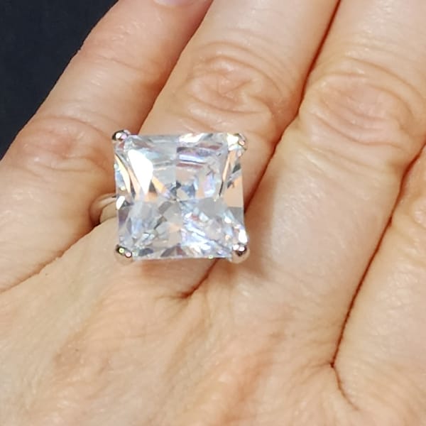 Size 6 HUGE Solitaire Engagement Ring, Women's Vintage Princess Cut Faux Diamond