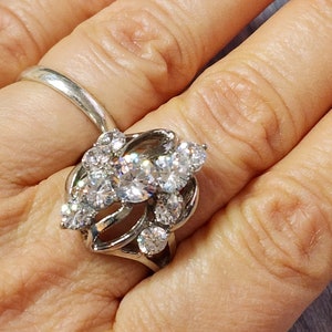 Large Silver Cocktail Ring, Cluster Setting, April Birthstone Diamond CZ Stainless Steel