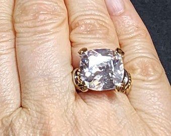 Large Diamond CZ Ring, Size 9 size 10 - Two Tone Silver Huge Statement Ring, Cubic Zirconia Square Brass Cocktail Ring