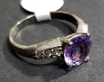 Size 7 Womens Sterling Silver Ring With Amethyst CZ, Vintage February Birthstone