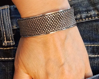 Vintage Sterling Silver Wide Cuff Bracelet, Beautiful Woven Bangle Bracelet, Birthday Gift 925 Silver Jewelry for Her