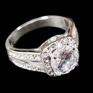 Stainless Steel Wedding Ring with Halo Setting, Faux Diamond CZs