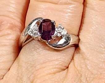 Vintage Purple CZ Ring Size 6, Silver Ring, Oval Faux Amethyst February Birthstone