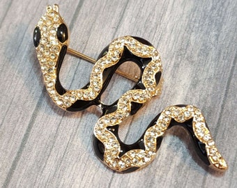 Small Black and Gold Snake Brooch, Goth Lapel Pin with Rhinestones