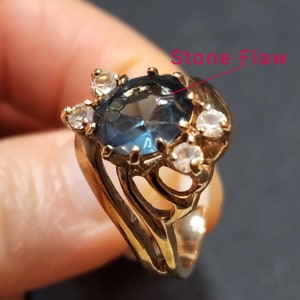 Size 10 Vintage Ring Blue CZ Faux 'Sapphire' September Birthstone Gold Band Brass FLAWED