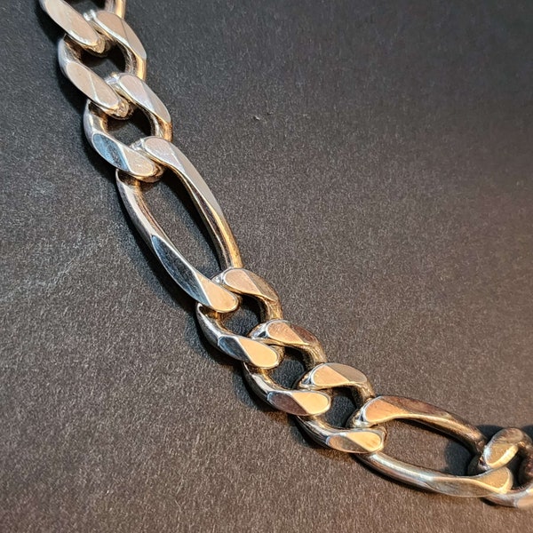 Solid Sterling Silver Figaro Chains, 7mm Wide Flat Chain Necklace, Stamped 925 Italy, Mens, Unisex