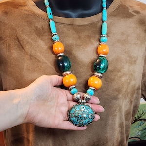 Vintage Boho Large Chunky Bead Necklace, Long Tribal Ethnic Beaded Orange Turquoise Beads Statement Necklace Silver with Hook Clasp
