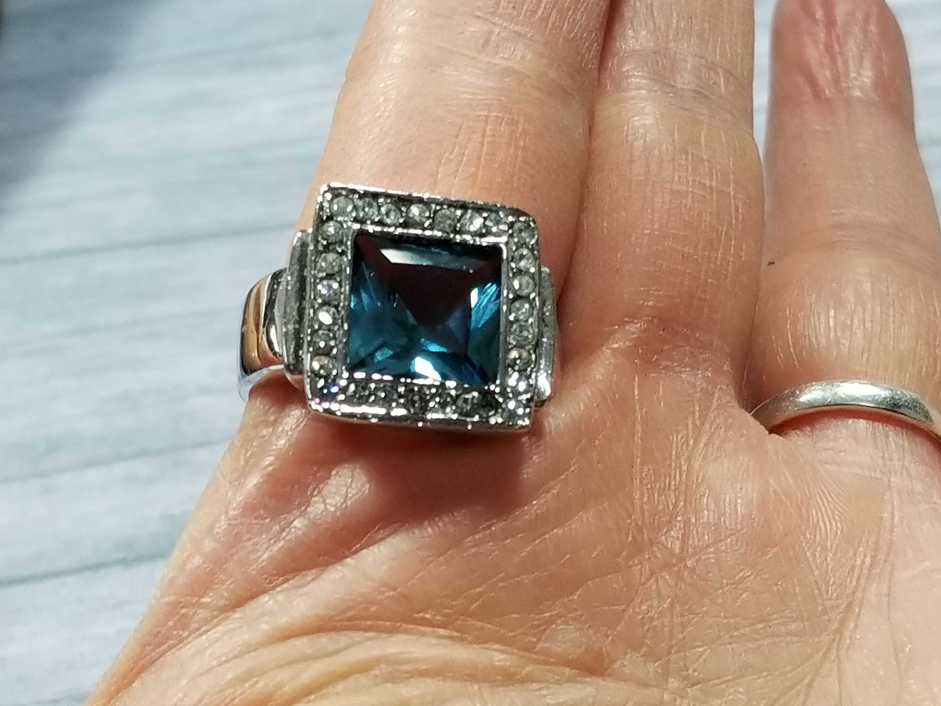 Vintage Size 10 Ring, Light Blue CZ Sterling Silver Ring, Heavy 