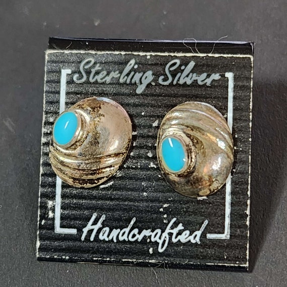 Minimalist Tiny Turquoise Studs, Oval Vintage 925… - image 1