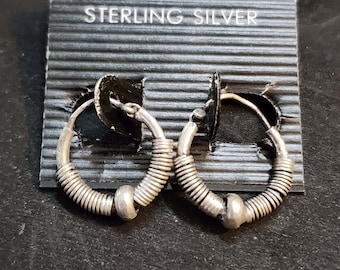 13mm Sterling Silver Hoops with Ball, Bali Antiqued Silver Hoop Earrings Thin Wires, Mens Hoops, Womens Hoops, Pair of Silver Hoops