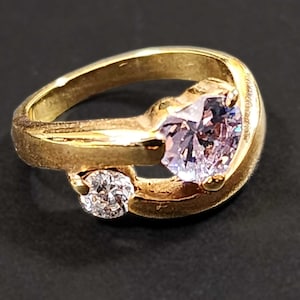 Vintage Size 6 Heart Ring, Gold Brass CZ Ring, Love, Birthday Gift (Pale Purple)