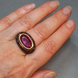 Size 7 Chunky Costume Ruby Cocktail Ring Pave, Gold Jewelry with Red Pink CZs, Vintage Ring, Oval