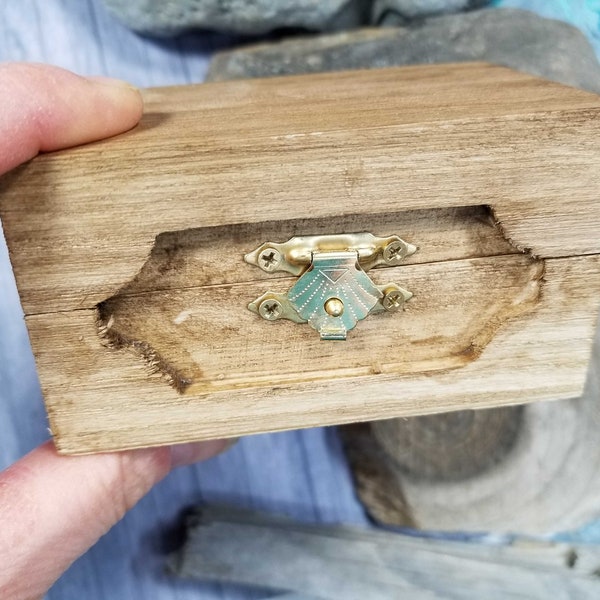 Rustic Wood Trinket Box, Small Wooden Jewelry Box, Rectangle Wood Favor Box Hinged Hinges Gold Latch